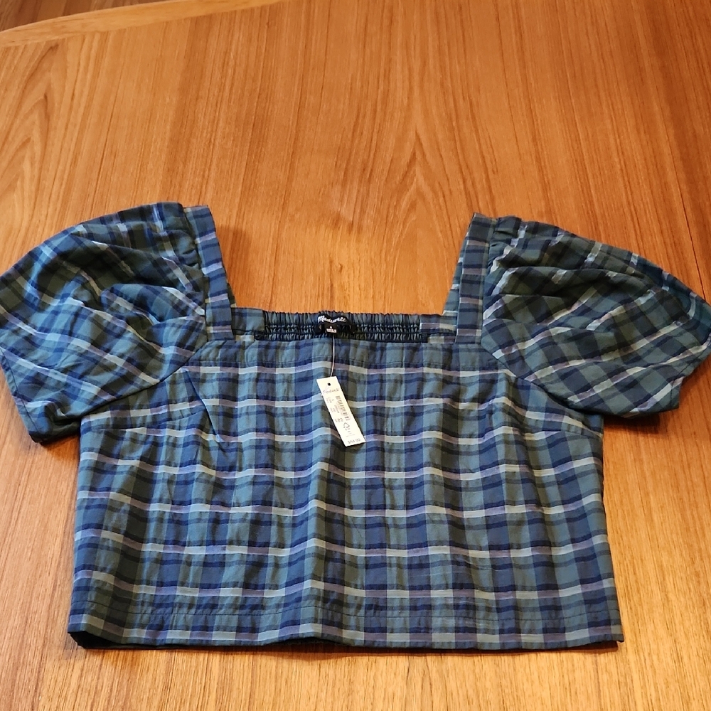 Madewell Blue and Green Plaid Puff Sleeve Blouse